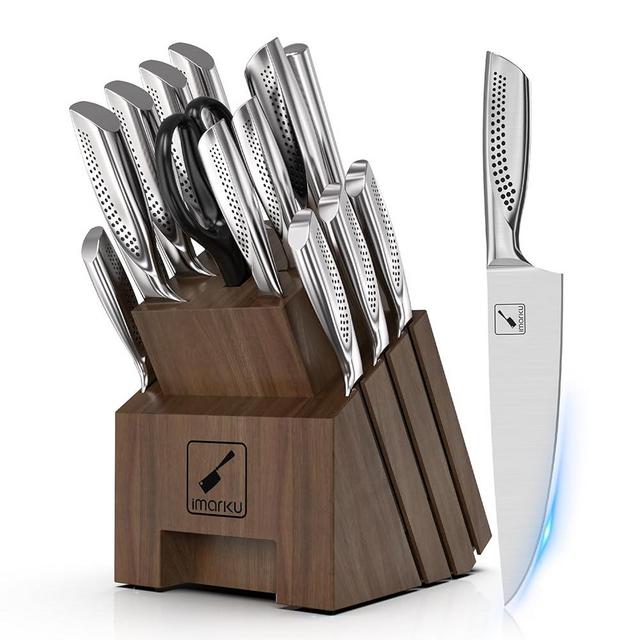 imarku Knife Set, 16PCS High Carbon Stainless Steel Kitchen Knife Set with Block Ultra Sharp Knife Block Set, Japanese Knife Set with Dotted Non-slip Ergonomic Handle, Dark Brown, Best Gifts