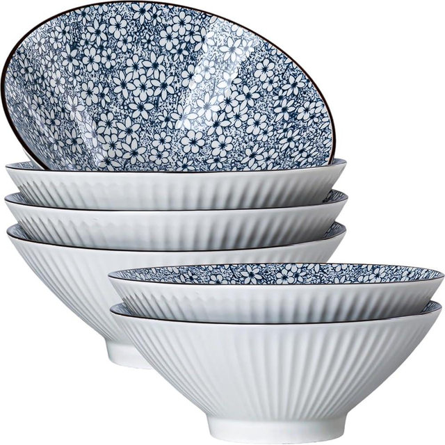 Dyware 38 oz Japanese Ramen Bowls Set of 6, Large Pho Bowls, 8 Inch Ceramic Blue and White Soup Bowls, Floral Pattern