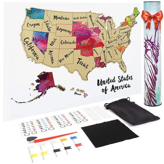 JARLINK Scratch off USA Map, 12X17 inches United States Map with Unique Accessories Set, Personalized Travel Tracker Poster USA Map Poster, Perfect Gift for Travelers