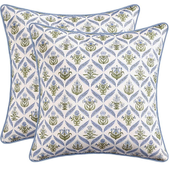 MIULEE Floral Throw Pillow Covers Spring Decorative Block Print Cotton Cushion Covers for Couch Living Room, Modern Outdoor Sofa Vintage Garden Pillowcases Home Decor,20" x 20" (Pack of 2)Blue Green