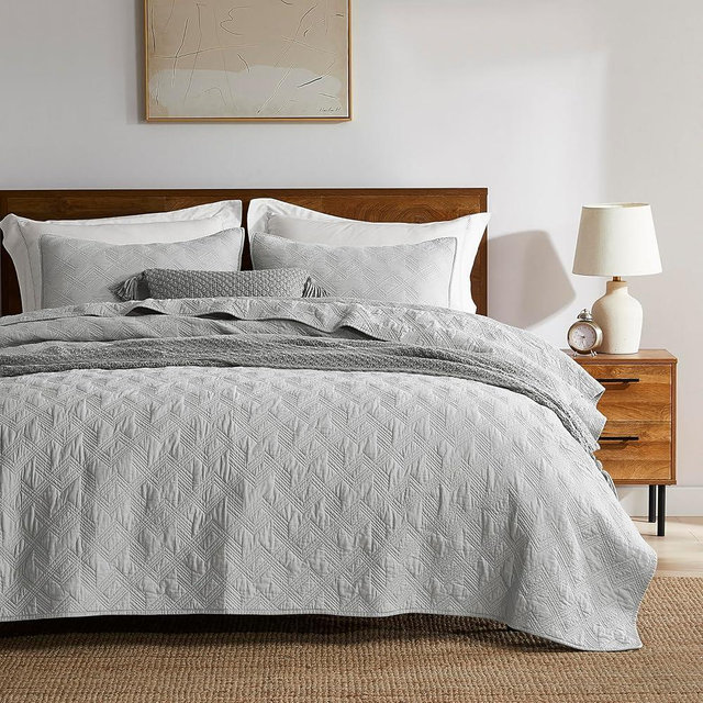 WDCOZY Light Grey 100% Cotton Oversized California King Size Quilt Bedding Sets with 2 Pillow Shams, Shabby Chic Rustic Textured Gauze Lightweight Country Soft Bedspread Coverlet for All Season