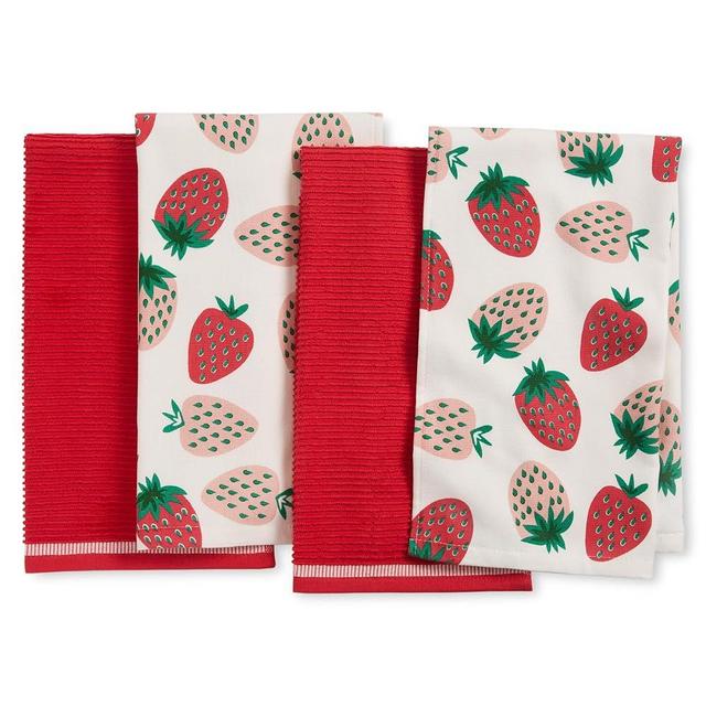 Sur La Table Kitchen Essentials Quirky Strawberries Fruit Kitchen Towel 4-Pack Set, Absorbent 100% Cotton, Pink/Green/Cream, 16"x28"