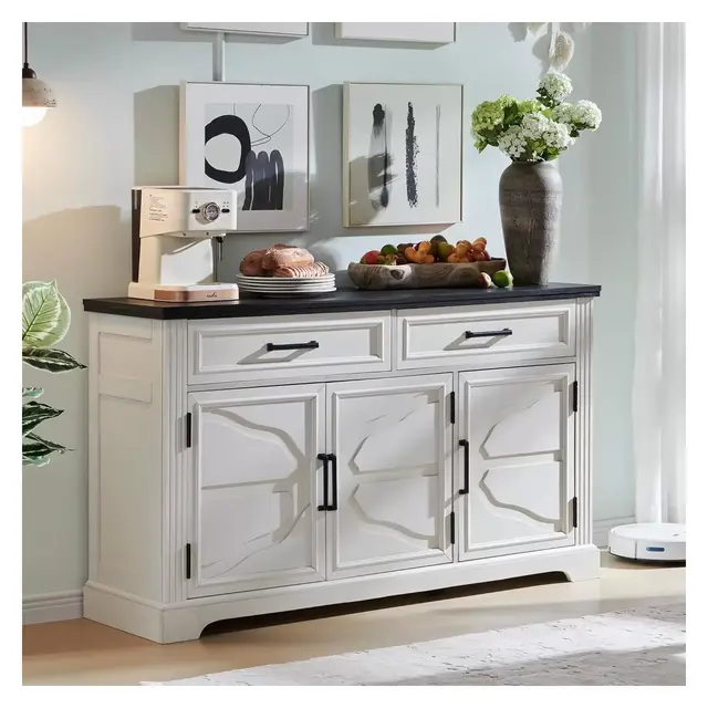 66" Large Buffet Sideboard Cabinet with 4 Doors and 3 Drawers, Buffet Table Coffee Bar Wine Bar Storage Cabinet, White