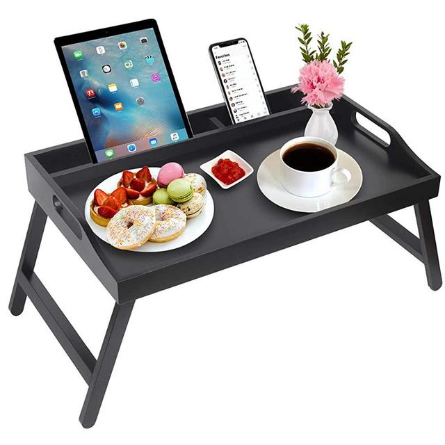 Artmeer Breakfast Tray Table with Handles Folding Legs Bamboo Bed Tray with Media Slot,Foldable Platter Tray, Laptop Desk,Snack,TV Bed Tray Kitchen Serving Tray (Black)