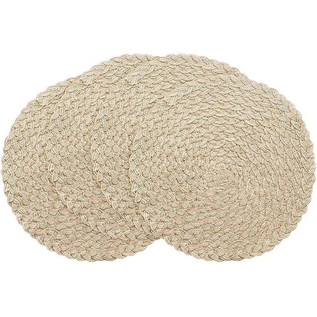 Floroom 15 Inch Round Braided Placemats Set of 4, Washable Heat Resistant Cotton Polyester Circle Boho Place Mats for Kitchen Dining Table - Dunes Khaki