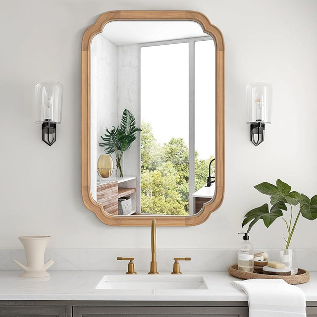 WallBeyond 20" x 30" Rounded Corner Arch Wall Mirror with Wood Frame for Entryway, Living Room or Bedroom Home Decor - Light Woodgrain [20" x 30" Honey-Colored]