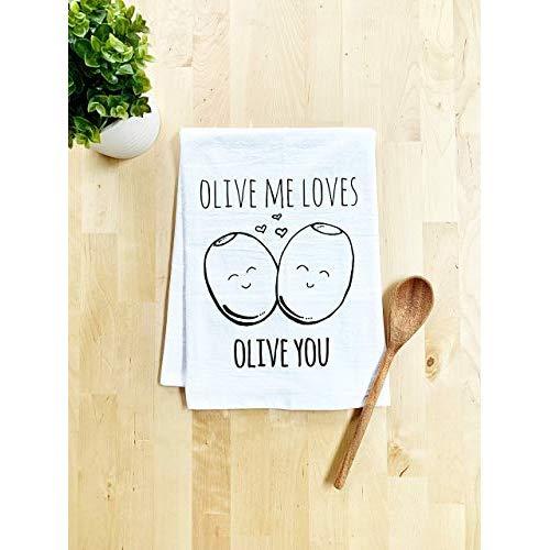 Funny Kitchen Towel, Olive Me Loves Olive You, Flour Sack Dish Towel, Sweet Housewarming Gift, White