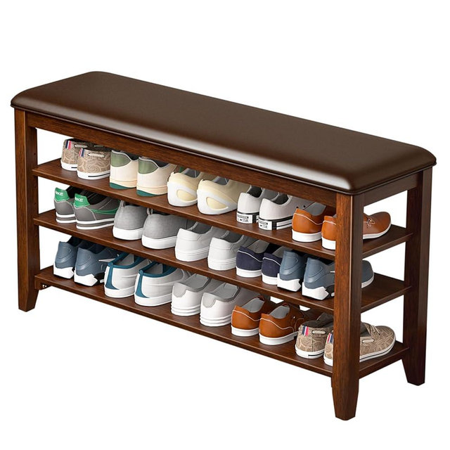 Shoe Rack Bench Entryway Storage with Leather Cushion, Shoe Organizer Bench for Entryway, Ideal for Front Doors Entrances Hallway Mudroom Featuring Rubberwood And 3 Height-Adjustable Removable Shelve
