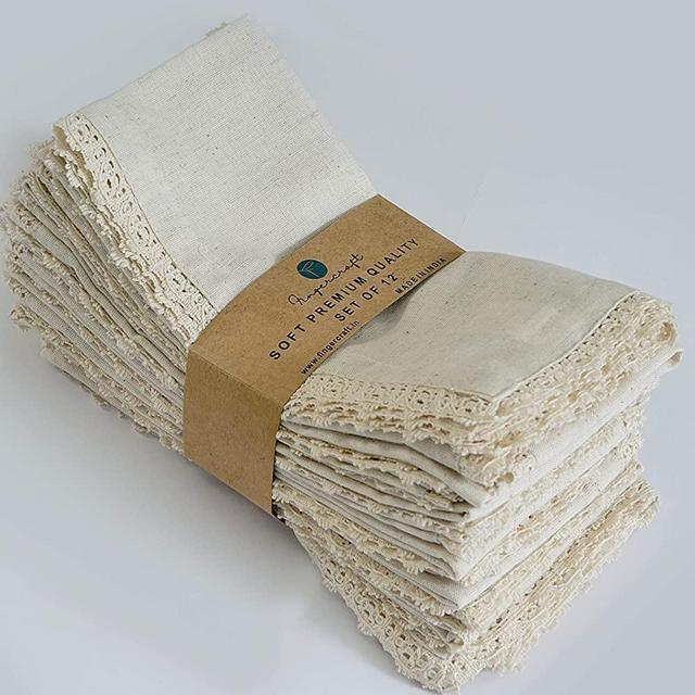 20X20 inch Oversized Dinner Napkins Premium Cotton Flax 12 Pack Natural Premium Quality Mitered Corners With Elegant Lace for Everyday Use Napkins are Pre Shrunk And Good Absorbency With Lace Ivory