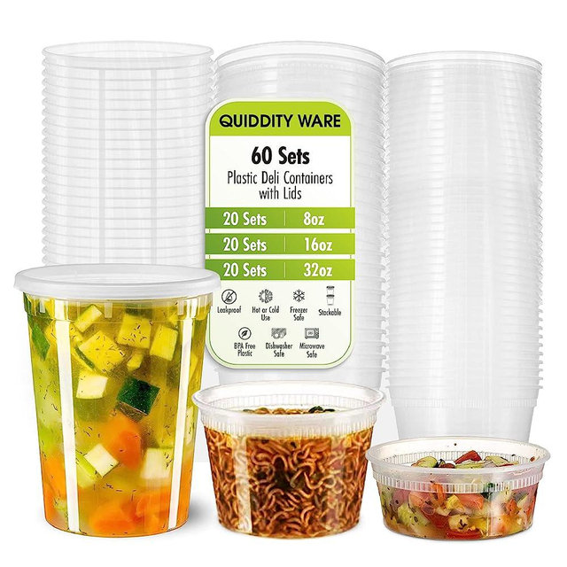 Deli Containers with Leakproof Lids-60 Sets [ 20sets-8oz, 20sets-16oz, 20sets-32oz] BPA-Free Plastic Microwaveable Clear Food Storage Container Premium Heavy-Duty, Freezer & Dishwasher Safe…