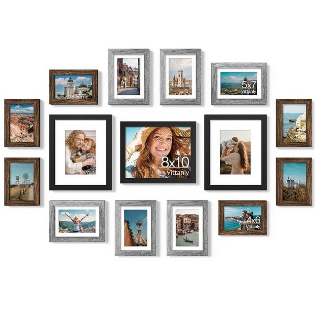 Vittanly 15 Pack Picture Frames Collage Wall Decor for Mounting or Tabletop Display, Gallery Frame Set for Family, Multi Sizes Including 3pcs 8x10, 6pcs 5x7, 6pcs 4x6, Black, Brown and Grey