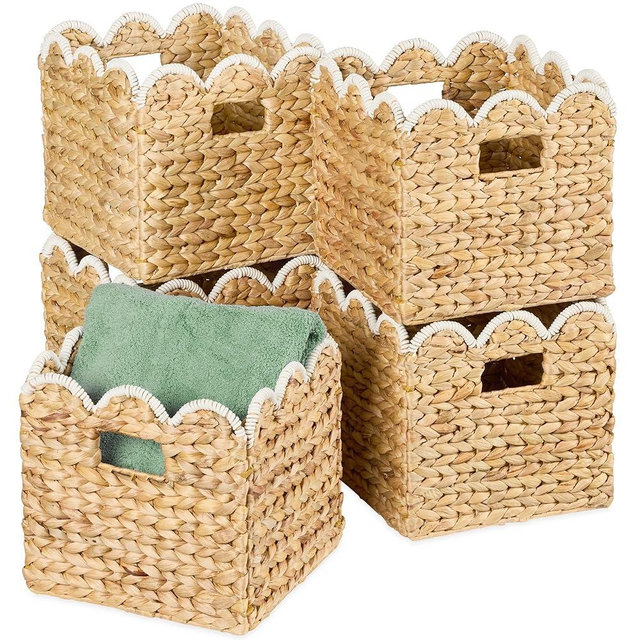 Best Choice Products 12 x 12in Scalloped Hyacinth Baskets, Rustic Set Of 5 Multipurpose Collapsible Storage Organizer, Handwoven Laundry Totes for Bedroom, Living Room, Shelves - Natural w/White Trim