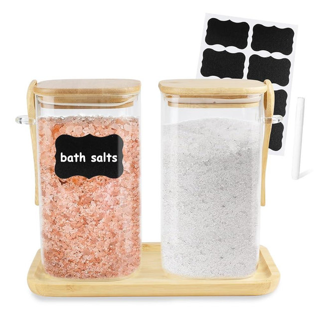 Glass Bath Salt Jars,40oz Bath Salt Container with Scoop and Airtight Lid,Clear Bathroom Salts Cellar Set for Jars with Tray,Labels and white Markers,Bathroom Decor Bathtub Accessories for Women