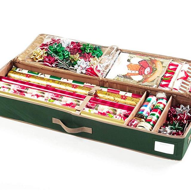 Covermates Keepsakes - Deluxe Gift Wrap Organizer - Holds up to 15 Long Rolls - Heavy Duty Material - Adjustable Dividers for Accessories - Interior Storage Pockets - Holiday Storage - Green