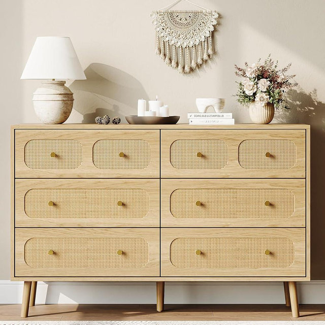 SINROM® Rattan Dresser for Bedroom, Modern 6 Drawer Dresser with Gold Handles, Wood Storage Chest of Drawers for Bedroom, Living Room, Hallway and Entryway, Natural