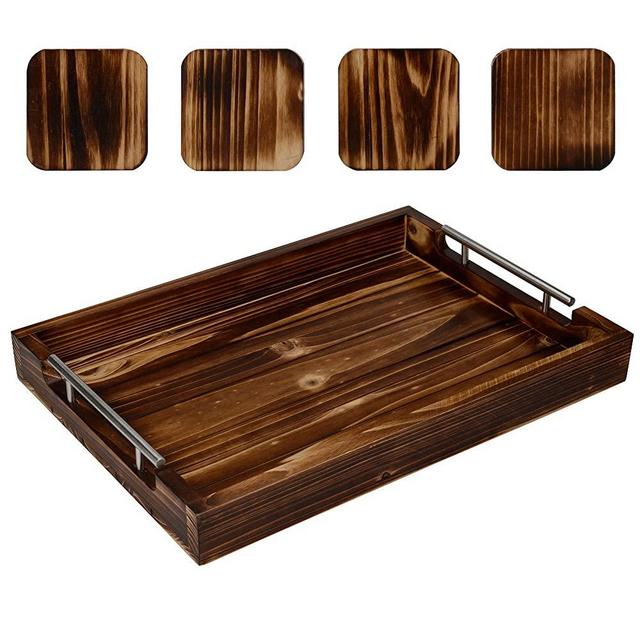 Coffee Table Tray with Coasters, Dark Ottoman Decorative Tray with Metal Handles, Wooden Serving Trays, Decoration for Living Room Ottomans, Large Wood Tray for Tables, Farmhouse Kitchen Home Decor