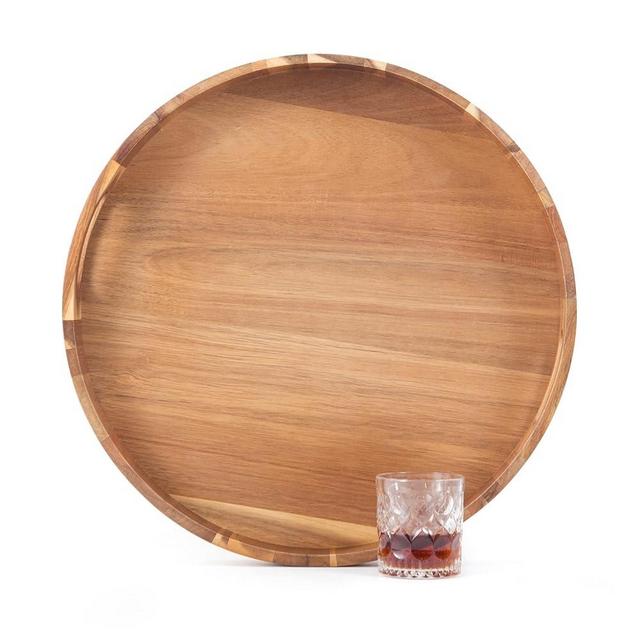 Round Wooden Serving Tray with Handles,20" Large Diameter Wood Serving Trays for Ottoman,Rustic Acacia Wood Circle Tray for Eating, Entertaining,Decorating and Organizing