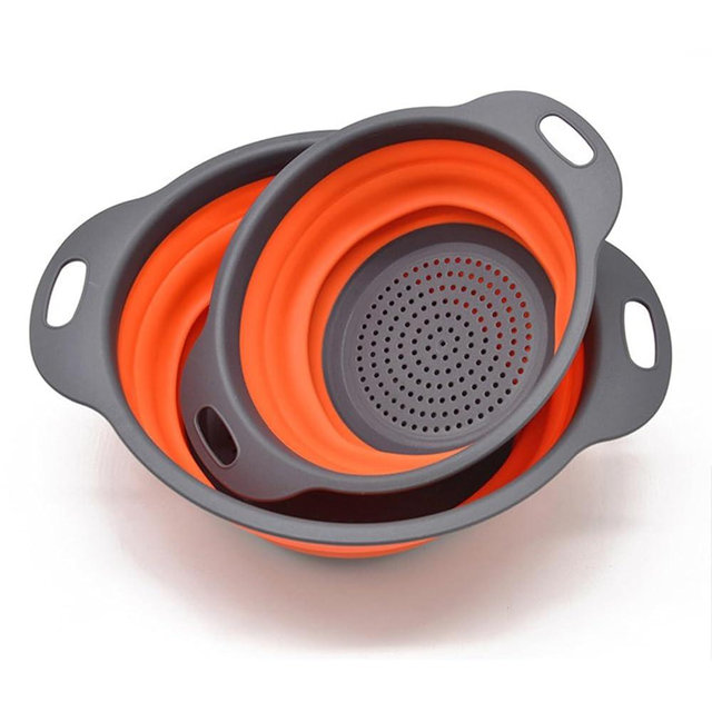 Collapsible Colander, Set of 2 PCS Collapsible Strainer, Space-Saving Kitchen, Food-Grade Silicone Folding Strainer Colander with Handle(Orange)