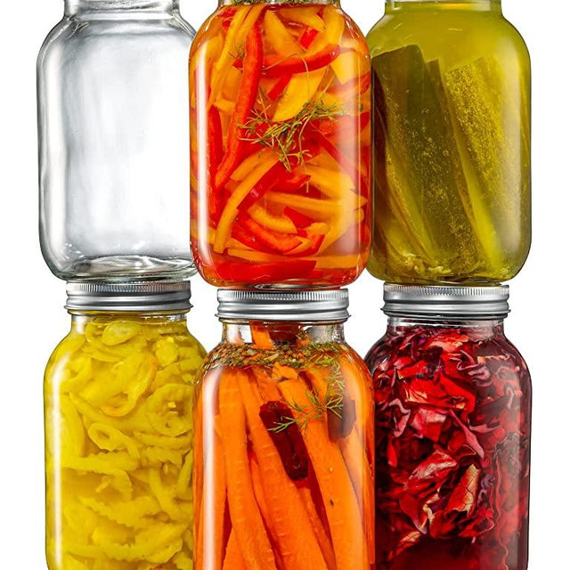 [6 Pack] 32 oz. Regular-Mouth Glass Mason Jars - with Metal Airtight Lids and Bands 1 quart Large for Canning, Preserving, & Meal Prep