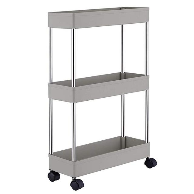 DLO 3 Tier Slim Storage Cart, Bathroom Organizer Slide Out Rolling Storage Cart Racks with Wheels,Mobile Shelving Unit for Kitchen Bathroom Laundry Room Narrow,Gray