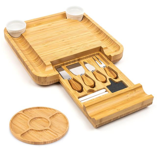 SMIRLY Bamboo Cheese Board and Knife Set: Large Charcuterie Boards Set Cheese Platter - Unique House Warming Gifts, New Home, Anniversary Wedding Gifts for Couple, Bridal Shower Gift for Women