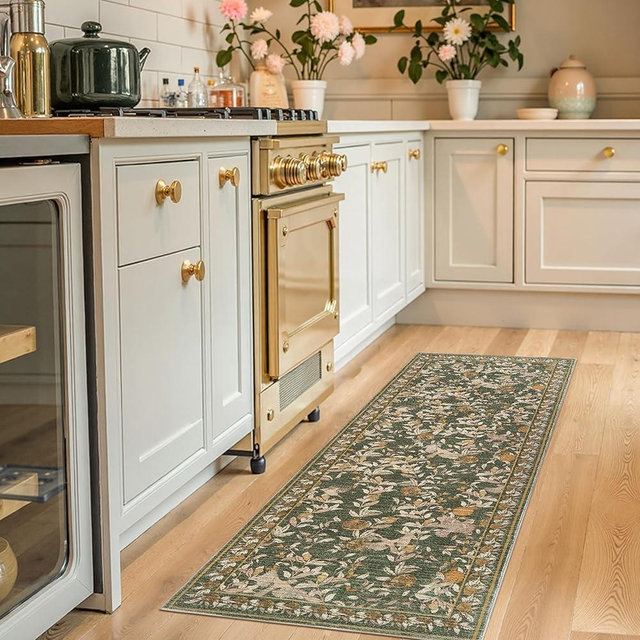 jinchan Eden Floral Washable Runner Rug 2x5 Vintage Hallway Rug Non-Slip Lightweight Soft Thin Kitchen Low Pile Distressed Orange Green Carpet for Bathroom Laundry Room Bedroom Entryway
