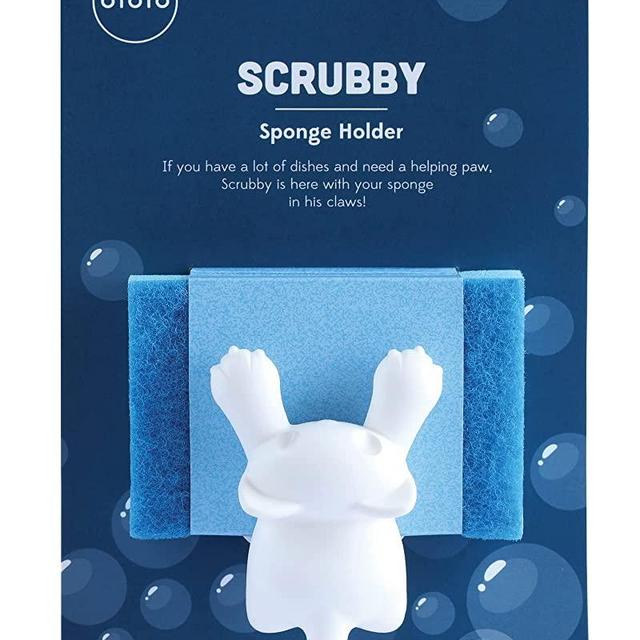 OTOTO Scrubby Sponge Holder for Kitchen Sink - White Cat Kitchen Sponge Holder - Dishwasher Safe Dish Sponge Organizer- Rust-Free - 3.9x3.1x3.9 inches