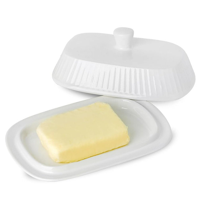 Tikooere Butter Dish with Lid, Ceramic Butter Dish with Lid for Countertop, Large Wide Butter Holder for Kitchen Decor, Cute Butter Container for Housewarming Wedding Gift, White