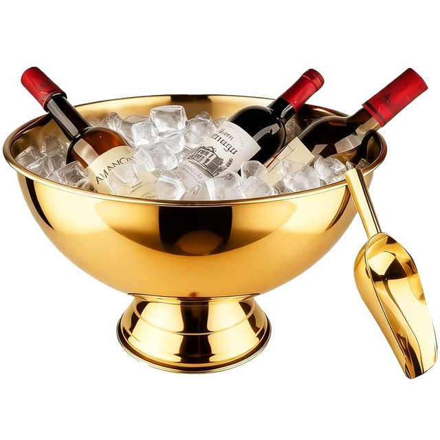 Large Ice Bucket 13L Stainless Steel Champagne Bowl Ice Bucket with Ice Scoop Semicircle Drink Tub with Integrated Base Silver Beverage Tub for Parties, Cocktail Bar, Chilling Wine (1 Pack-Gold)
