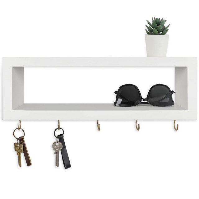 Lwenki Wall Shelf with Hooks - Decorative Key and Wallet Holder for Wall Holds Sunglasses, Leashes, Scarves and Lanyards - 15.7" x 5.1" x 2.9" Entryway Organizer Made of Paulownia Wood (White)