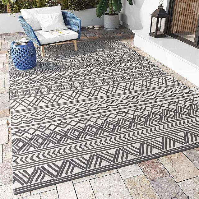 MontVoo-Outdoor Rug Mat Non Slip Machine Washable Area Rugs 6 x 9 Boho Outdoor Patio Decor Grey and White Outdoor Rug Geometric Rubber Backed Indoor Outdoor Rugs for Living Room Balcony Deck Porch
