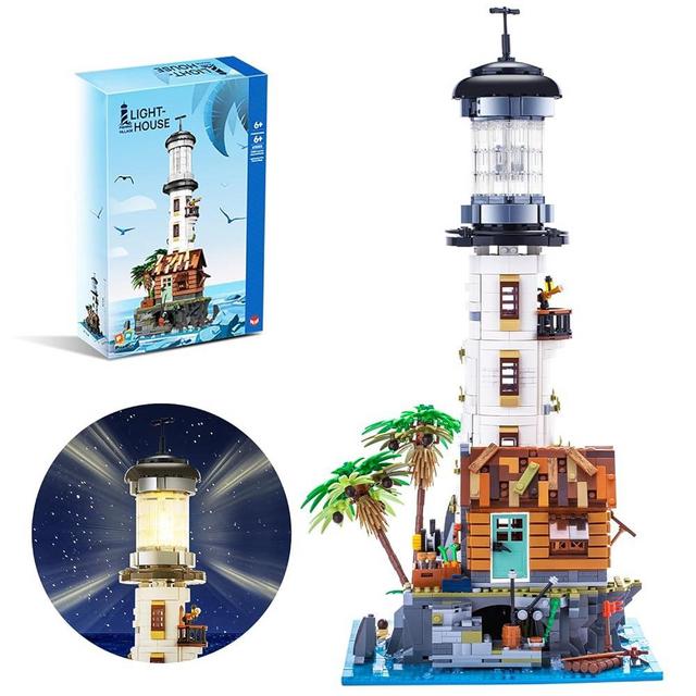 2340PCS Lighthouse Building Set with LED Mini Blocks Toys Creative Architecture Fishing House Model Building Kits, with Rotating Lights and a Mysterious Cave, Best Gift for 6+ Boys, Girls or Adults