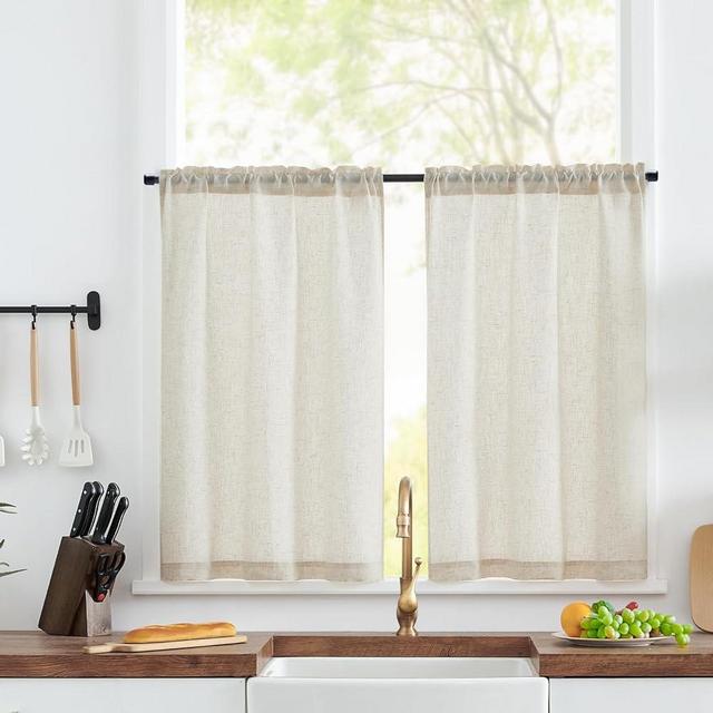 jinchan Beige Kitchen Curtains Linen Tier Curtains 45 Inch Farmhouse Cafe Curtains Light Filtering Small Window Curtains Country Rustic Rod Pocket Bathroom Laundry Room RV 2 Panels Crude Flax