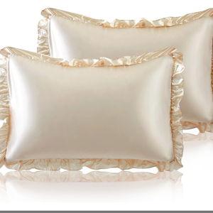 SiinvdaBZX Ruffled Standard Satin Pillowcase Set of 2, Beige Silky Satin Pillow Cases for Women Ruffle Pillow Shams Covers Princess Room Decoration, with Envelope Closure