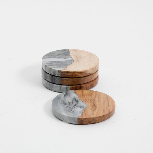 Gibson Laurie Gates Gray Marble & Wood Coaster Set