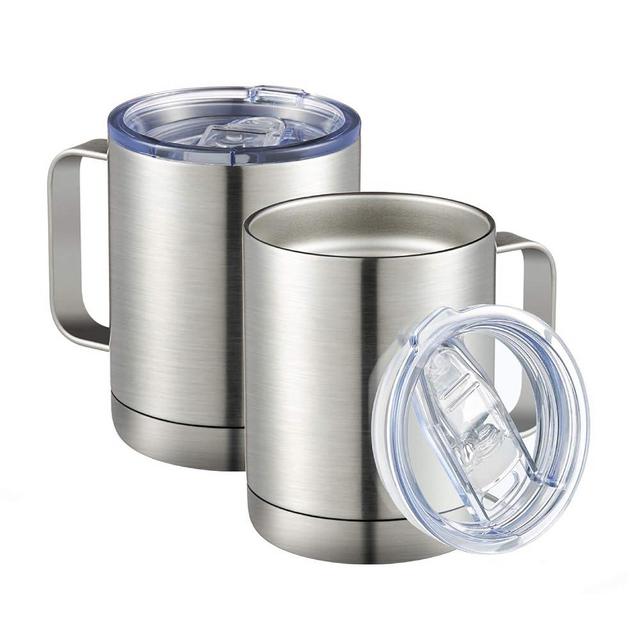 MEWAY 12oz Coffee Mug With Handle 2 Pack Bulk,Stainless Steel Insulated Travel Tumblers With Sliding Lid,Double Wall Vacuum Camping Cup for Hot & Cold Drinks Tea (Sliver,Set of 2)