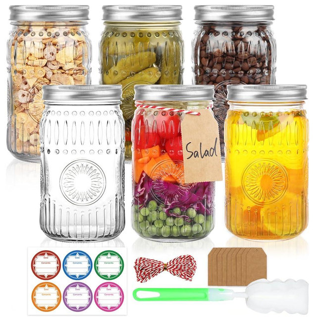 HINGWAH Wide Mouth Mason Jars 32 oz, 6 Pack Large Quart Mason Jars with Airtight Lids and Bands, Clear Glass Canning Jars for Preserving, Pickling, Fermenting, Meal Prep & DIY Crafts (Sunflower)