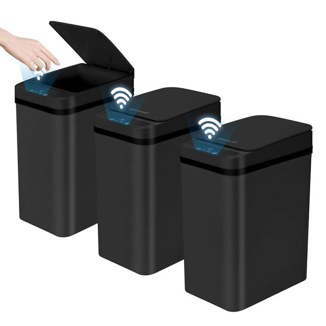 3 Pack Bathroom Trash Can with Lid, 2.5 Gallon Small Slim Trashcan, Automatic Trash Can Touchless, Motion Sensor Waterproof Plastic Trash Bin for Bedroom Kitchen Office Living Room (Black)