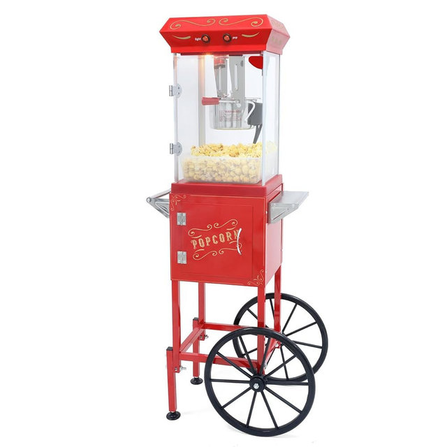 Fsazub 8 OZ Popcorn Cart Machine on Wheels, 480W Popcorn Maker for 32 Cups Popcorn Per Batch, 2-Switch Control Vintage Theater Popcorn Machine with Tempered Glass Doors & 2 Spoons 1 Scoop (Red)