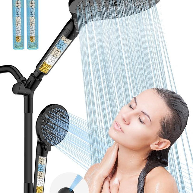 Dual Filtered Handheld Shower Heads Combo, HOPOPRO 15-Mode High Pressure Rainfall Showerheads Combo Set with Filter, for Hard Water, Removes Chlorine, Improves Skin Hair Condition, Matte Black
