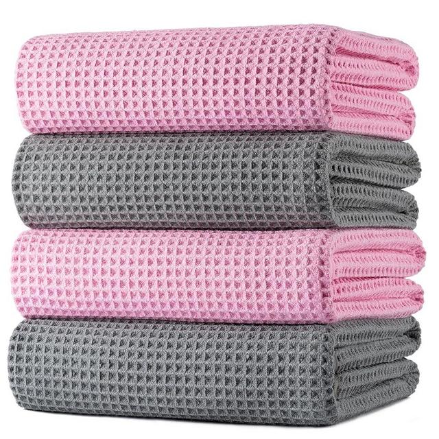 POLYTE Microfiber Oversize Quick Dry Lint Free Bath Towel, 60 x 30 in, 4 Pack (Gray,Pink, Waffle Weave)