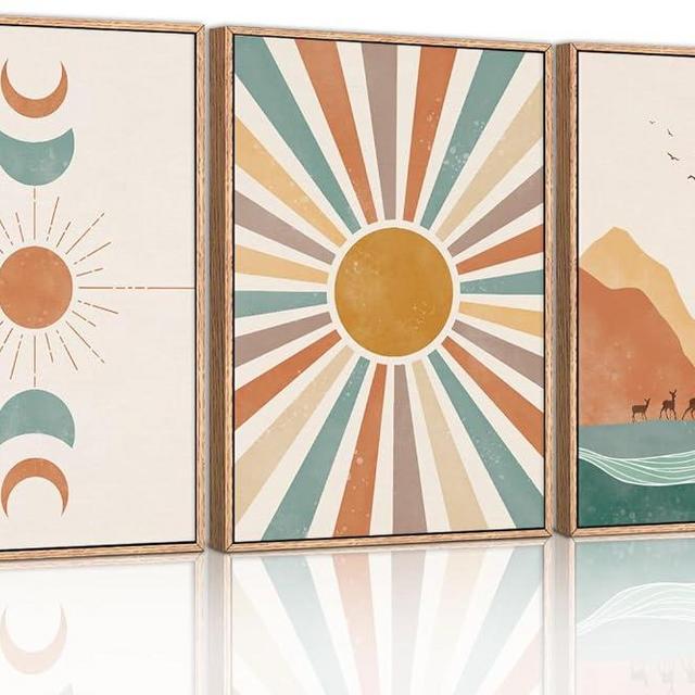 Ausril Boho Minimalist Geometric Framed Canvas Wall Art Set, Abstract Orange Sun Moon Wall Decor, Mid Century Wall Painting, Bohemian Warm Tone Art Print for Living Room, Bedroom, Office- 16"x24"x3