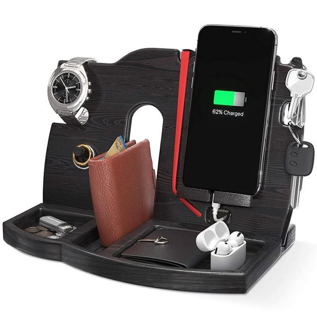 BarvA Wood Docking Station Tray Cell Phone Smartwatch Holder Men Charging Accessory Nightstand Father Mobile Base Gadget Organizer Dresser Wallet Storage Anniversary Birthday Graduation Gift