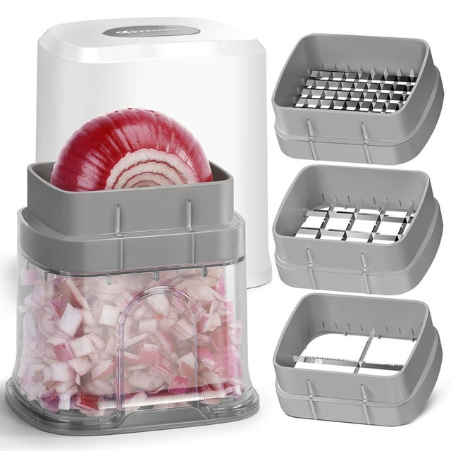 KEOUKE Vegetable Chopper 3 Interchangeable Blades Onion Chopper Multi-functional Potato French Fry Cutter Manual Vegetable Cutter Dicer for Cucumber, Tomato, Carrot with Container & Storage Box, White