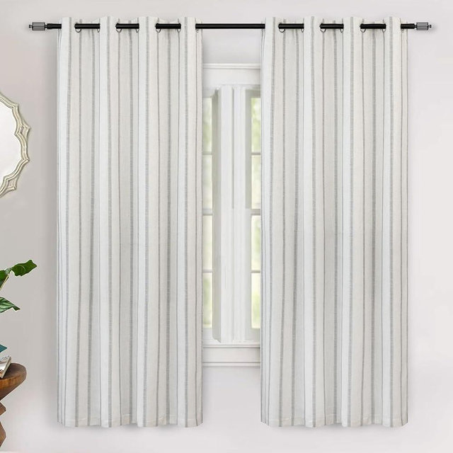 DriftAway Farmhouse Linen Blend Blackout Curtains 63 Inches Long for Bedroom Vertical Striped Printed Linen Curtain Thermal Insulated Lined Treatments for Living Room 2 Panels W52 x L63 Gray