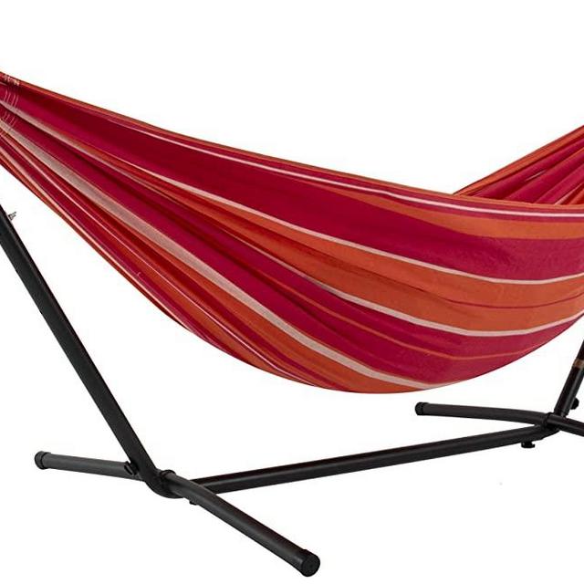 Vivere Double Cotton Hammock with Space Saving Steel Stand (450 lb Capacity - Premium Carry Bag Included) (Mimosa)