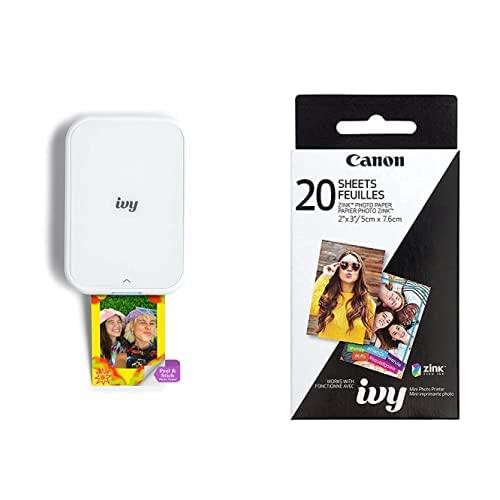 Canon Ivy 2 Mini Photo Printer, Print from Compatible iOS & Android Devices, Sticky-Back Prints, Pure White Zink Photo Paper Pack (20 Sheets)