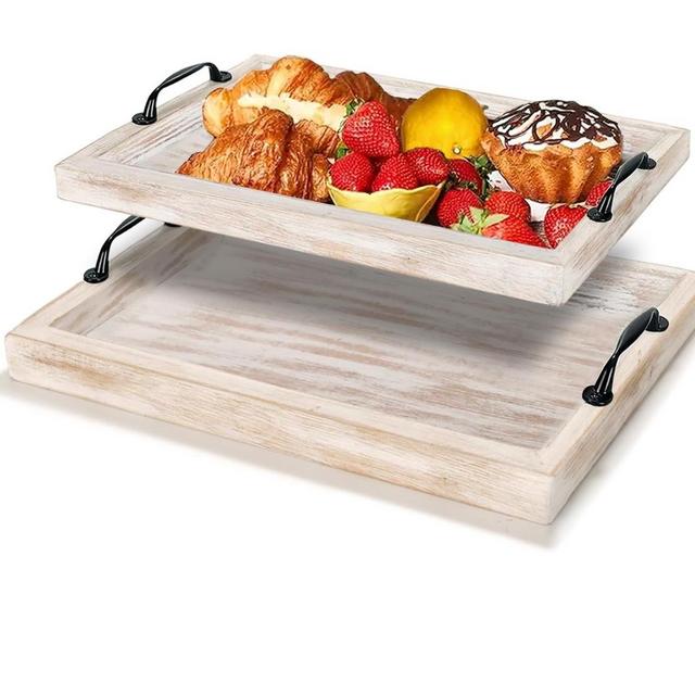 Set of 2 Rustic Farmhouse Wooden Serving Tray with Handles, Nesting White Decorative Trays for Coffee Table Ottoman Kitchen Bed Dining Table Centerpiece Rectangular Tray for Food Fruits Coffee Candles