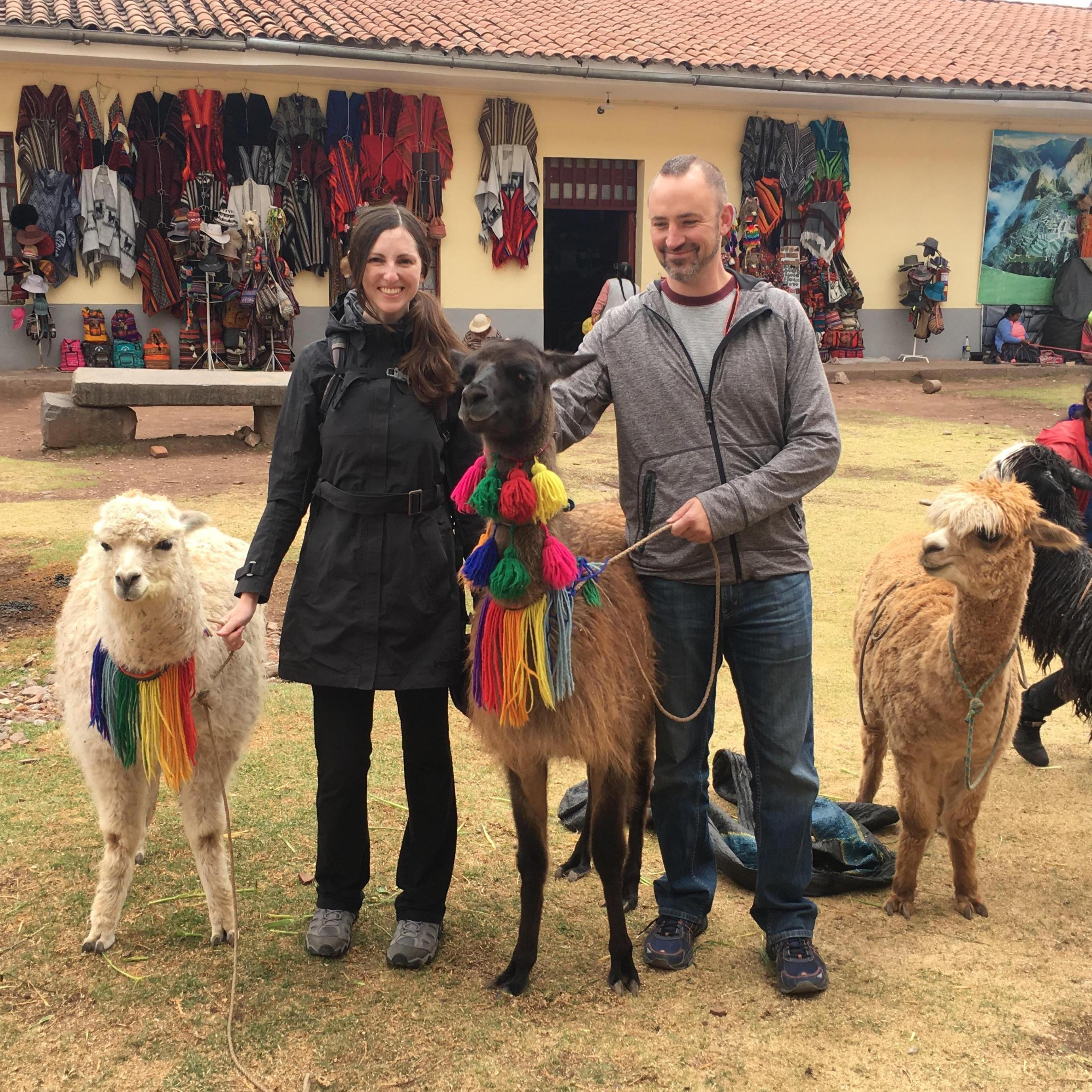 We took a walking tour to learn about the history of Cusco, Peru. The guide took this photo right before the llama spit at Tim.
(September 2019)