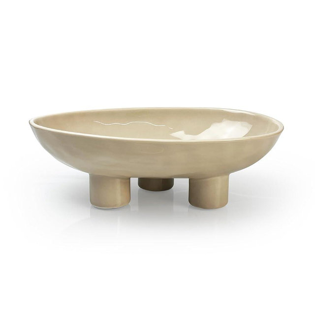 seicasaya Three-Leg Ceramic Fruit Bowl, 10 Inch Oval Serving Dish for Kitchen Counter, Candy or Key Holder, Home Decor Accent Beige